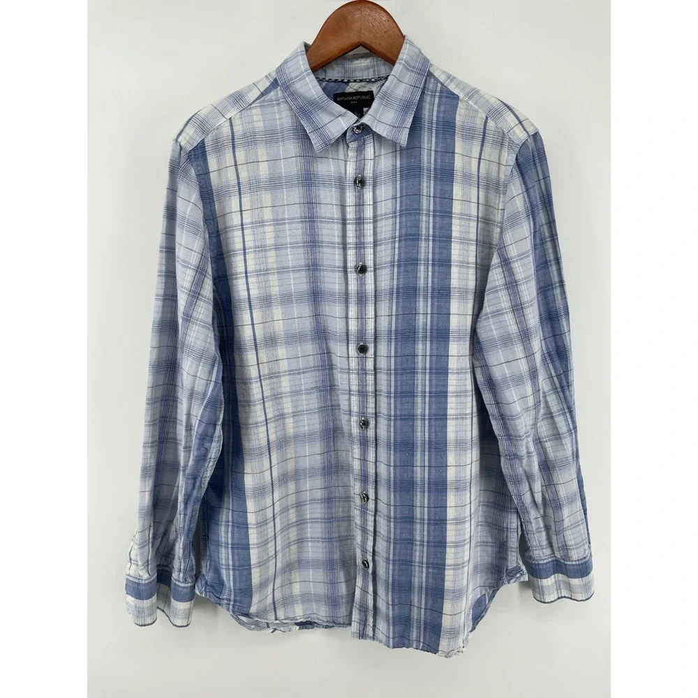 Banana Republic Plaid Linen Blend Shirt Mens Medium/Large* Blue Button Down
